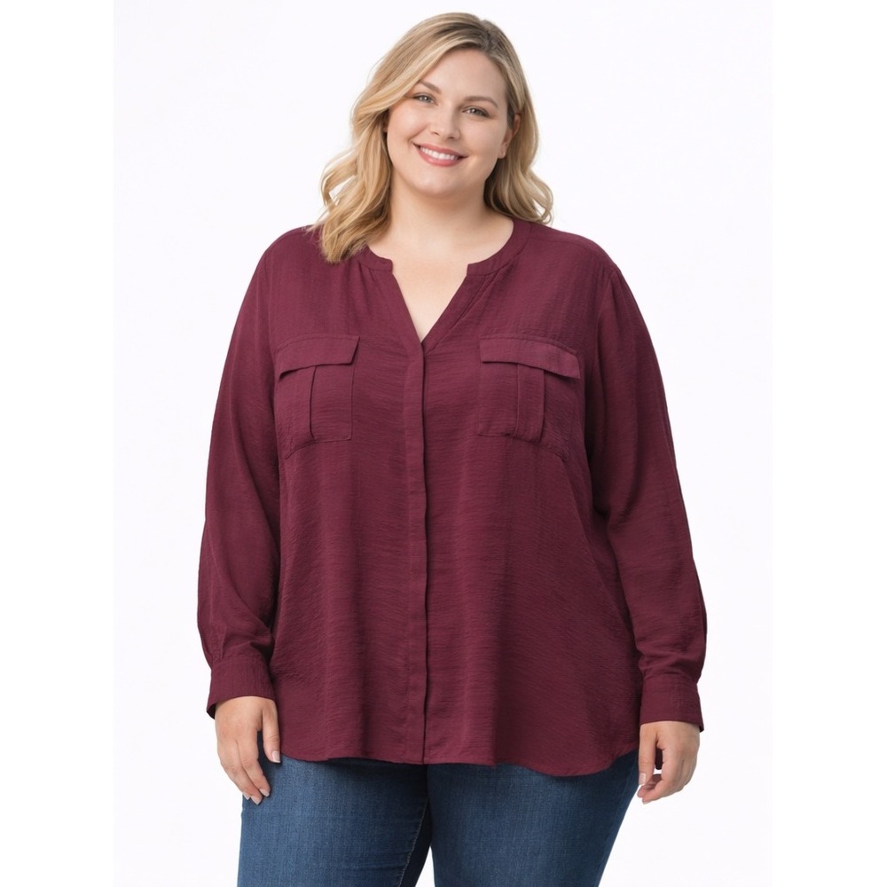 ANA A NEW APPROACH V-Neck Long Sleeve‎ Blouse – Burgundy